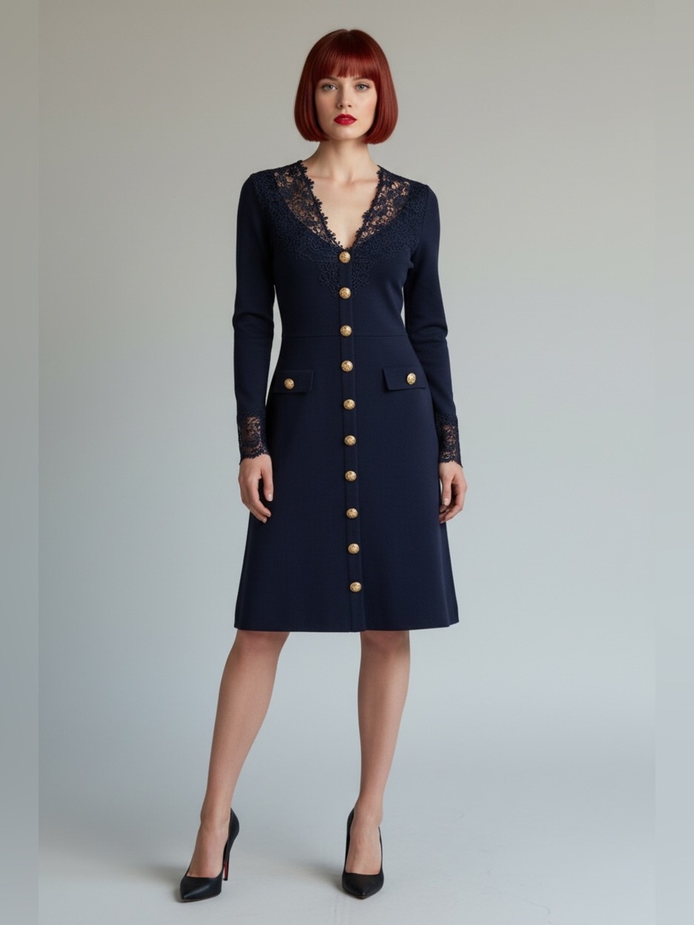 Navy Lace-Trim Button Front Long Sleeve Dress